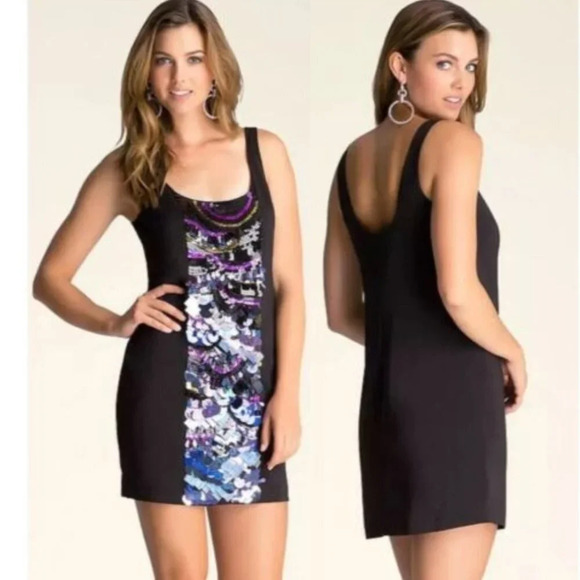 Bebe NWT Black with Front Embellished Scoop Neck Mini Shift Dress Size 4 - Picture 1 of 7